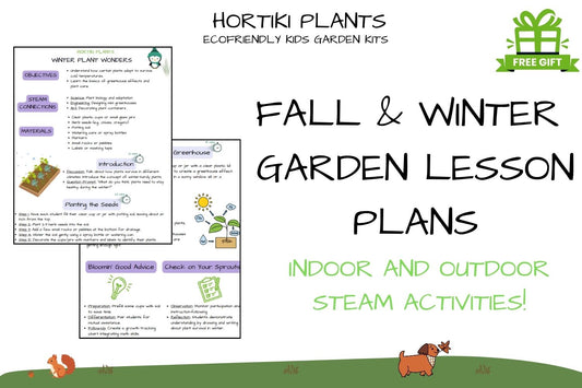 A promotional flyer for Hortiki Plants featuring Fall & Winter Garden Lesson Plans with indoor and outdoor STEAM activities, eco-friendly kits, and playful nature designs.