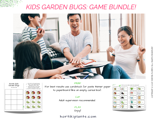 Family playing a game with text 'Kids Garden Bugs: Game Bundle!' at the top.