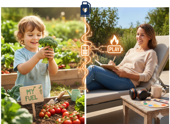 A side-by-side composite image showing a child harvesting broccoli from a garden (labeled "My Fuel") on the left, connected by an electric circuit graphic to an adult relaxing and journaling (with a "Play" icon) on the right.