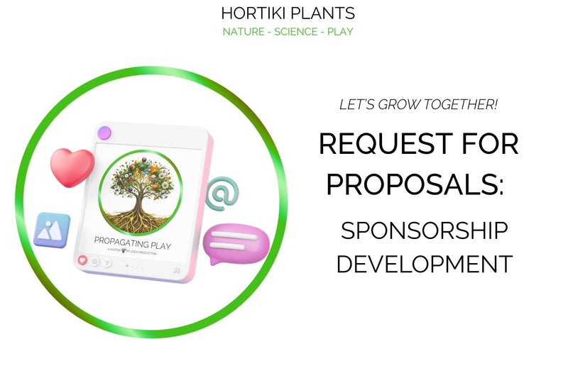 An image for a Hortiki Plants Request for Proposals (RFP) for sponsorship development. It features the company logo and tagline, "Nature - Science - Play," alongside 3D social media icons and a graphic titled "Propagating Play.