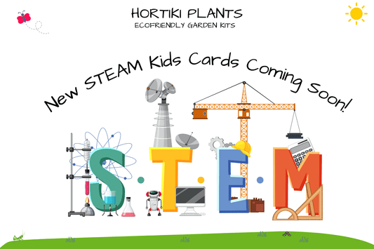 Colorful promotional banner for Hortiki Plants eco-friendly kids garden kits, announcing new STEAM kid garden activity cards