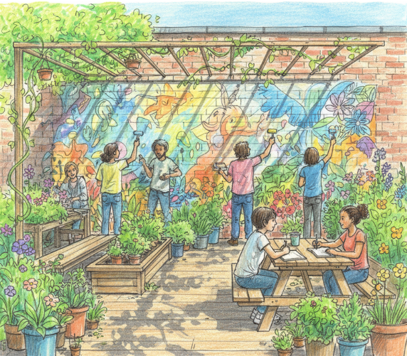 A colorful color pencil sketch drawing shows a group of people working together on a vibrant mural in a sunny outdoor community garden space filled with potted plants and wooden planters.
