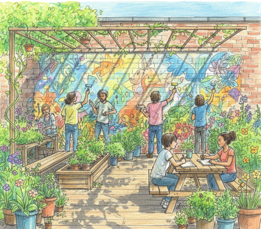 A colorful color pencil sketch drawing shows a group of people working together on a vibrant mural in a sunny outdoor community garden space filled with potted plants and wooden planters.