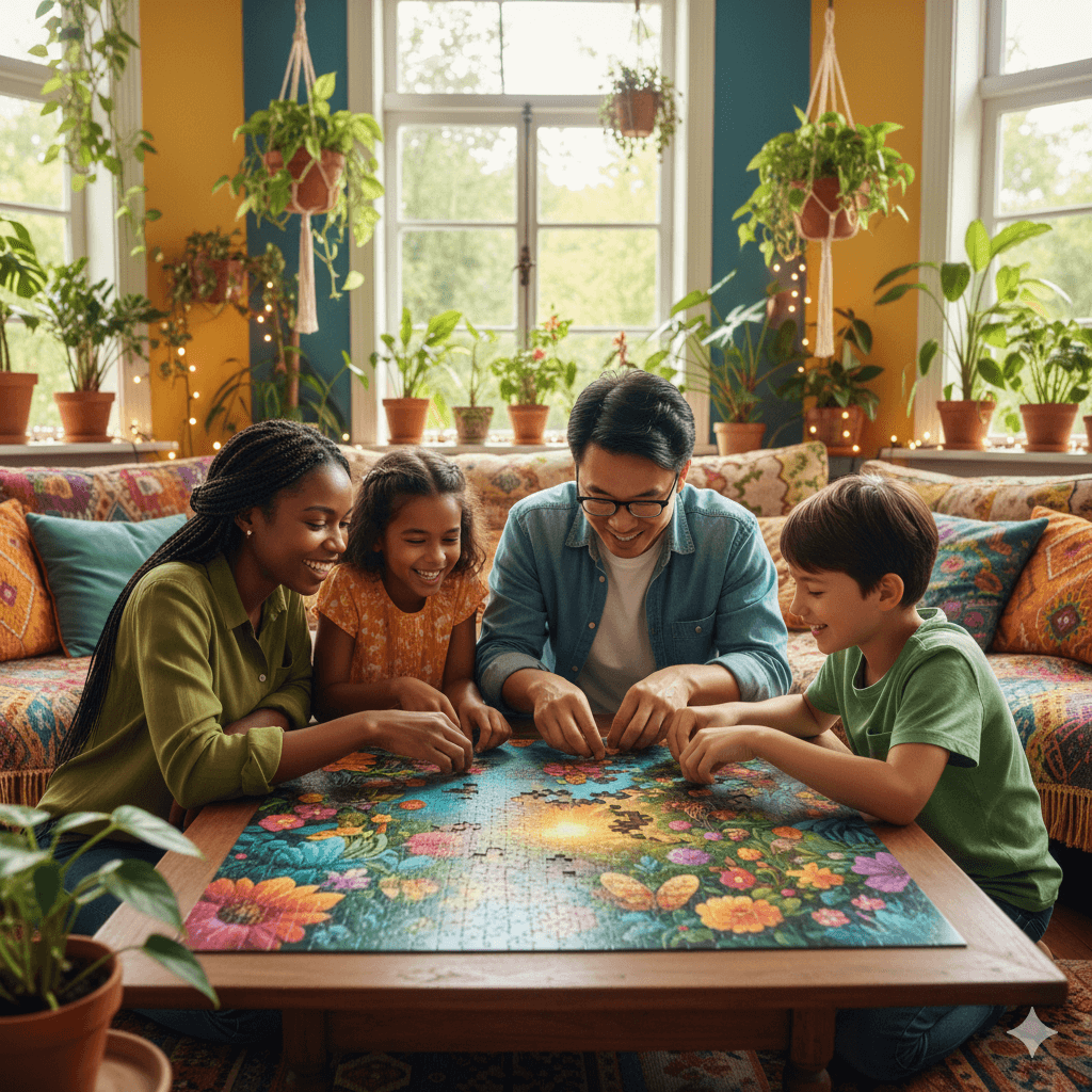 happy family smiles while cooperatively assembling a colorful garden puzzle on a wooden coffee table in a plant-filled, brightly lit living room.