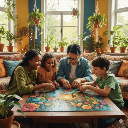 happy family smiles while cooperatively assembling a colorful garden puzzle on a wooden coffee table in a plant-filled, brightly lit living room.