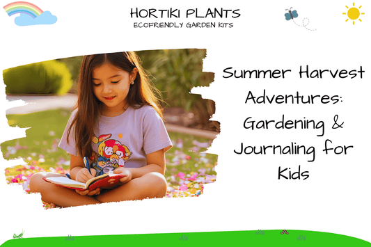 Smiling child writing in a journal in a garden
