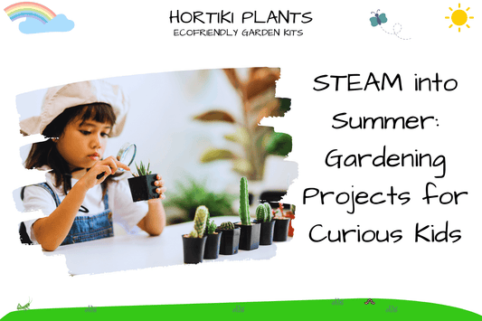 Child examining plants with a magnifying glass