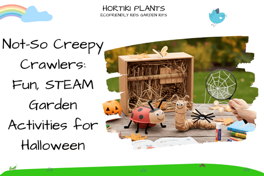 A child's hand playing with craft garden bugs, a bug hotel, and the blog title not so creepy crawlers fun steam garden activities for halloween