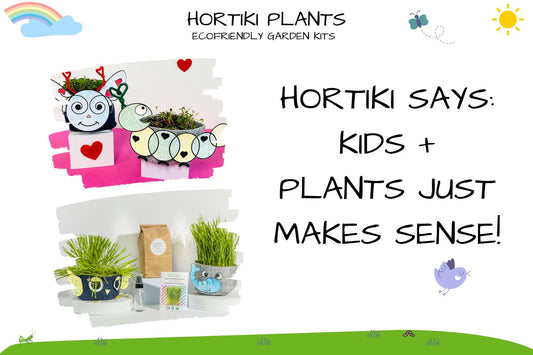 Hortiki Plants eco-friendly garden kits with plant pots featuring a caterpillar and owl design, filled with greenery